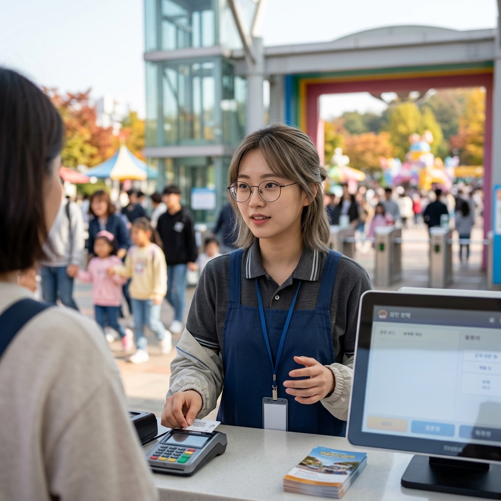 놀이공원 입구에서 근무하는 알바생