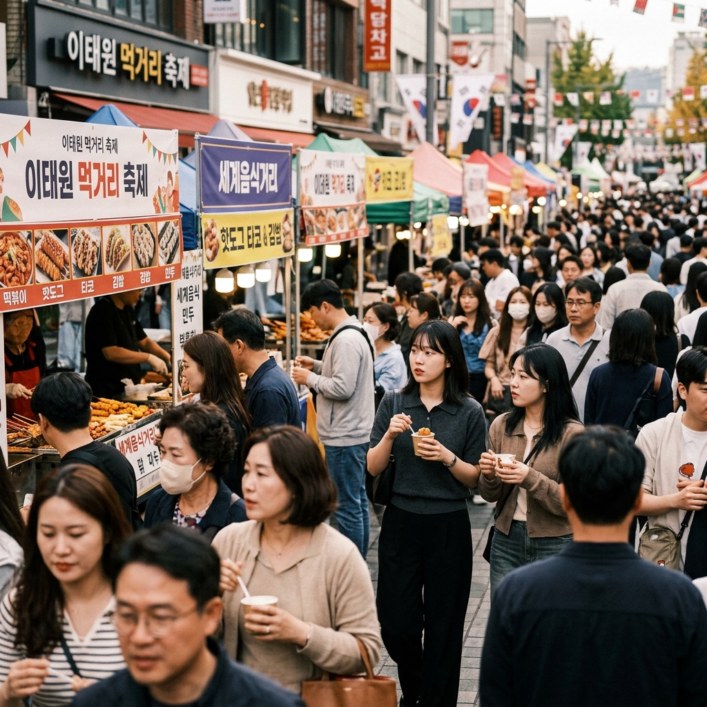 이태원로 거리에 줄지어 선 먹거리 부스와 축제를 즐기는 사람들