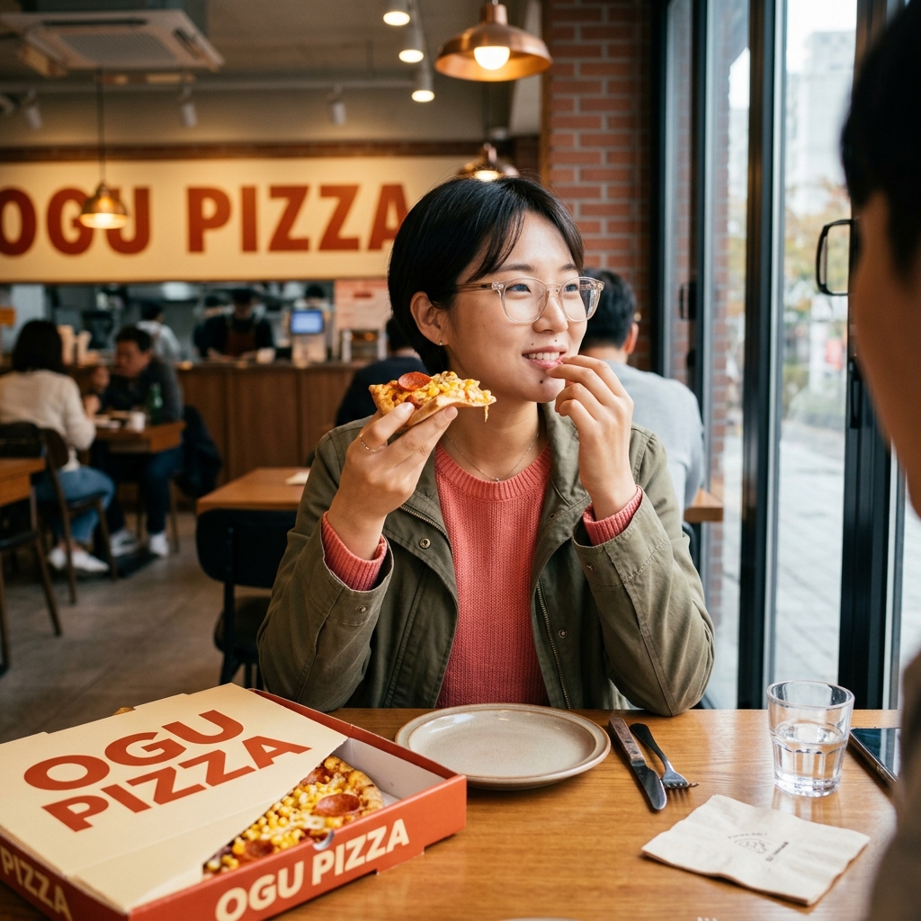 붉은 주황색 배경에 OGU PIZZA 로고가 크림색 글씨로 선명하게 표시된 브랜드 이미지