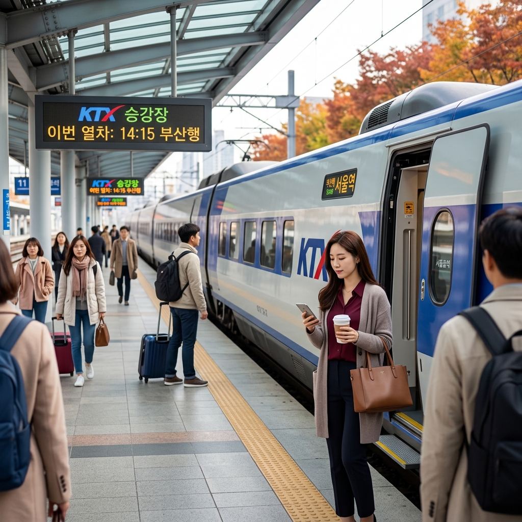 기차역 플랫폼에 정차한 KTX
