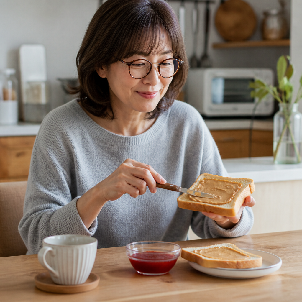 통식빵 위에 땅콩버터를 바르고 딸기잼을 곁들인 아침 식사 장면