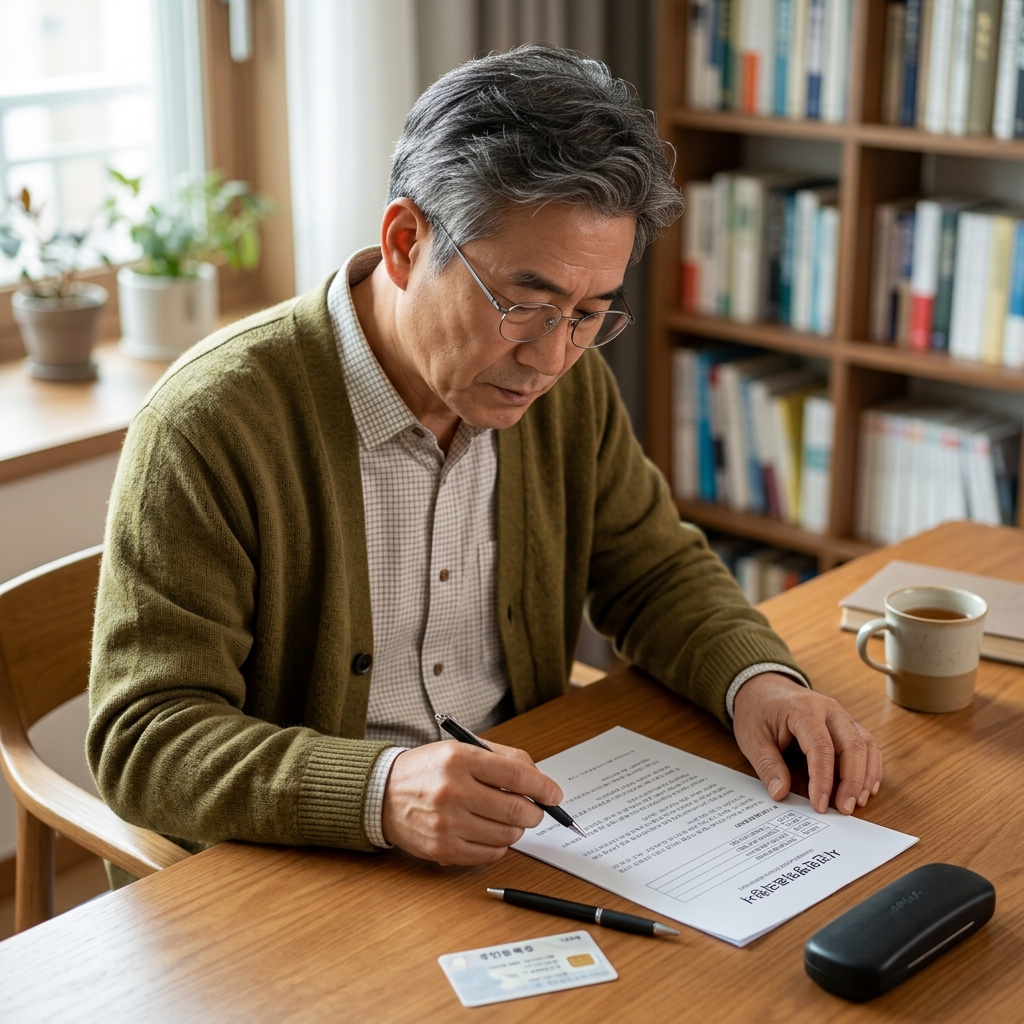 책상 위에 사전연명의료의향서 서류와 볼펜, 신분증이 놓여 있고 옆에 안경을 쓴 60대 남성이 서류를 읽고 있는 모습