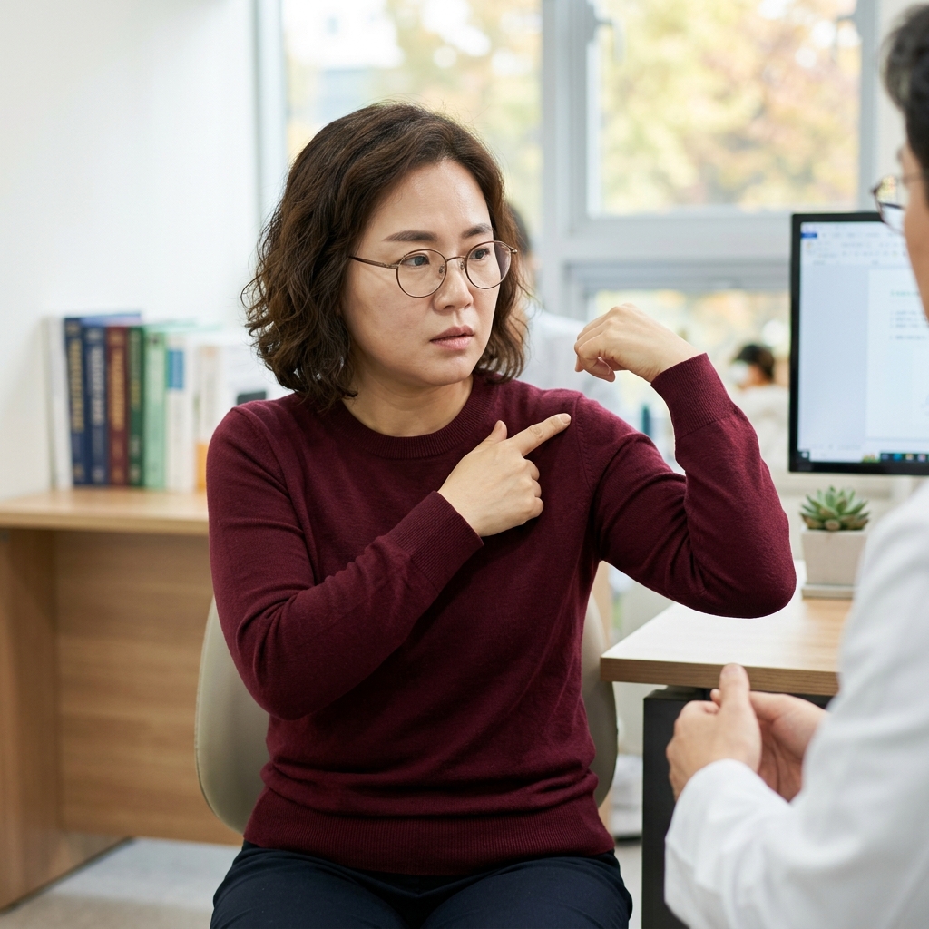 어깨 회전근개 부위를 손으로 가리키며 통증 위치를 설명하는 장면