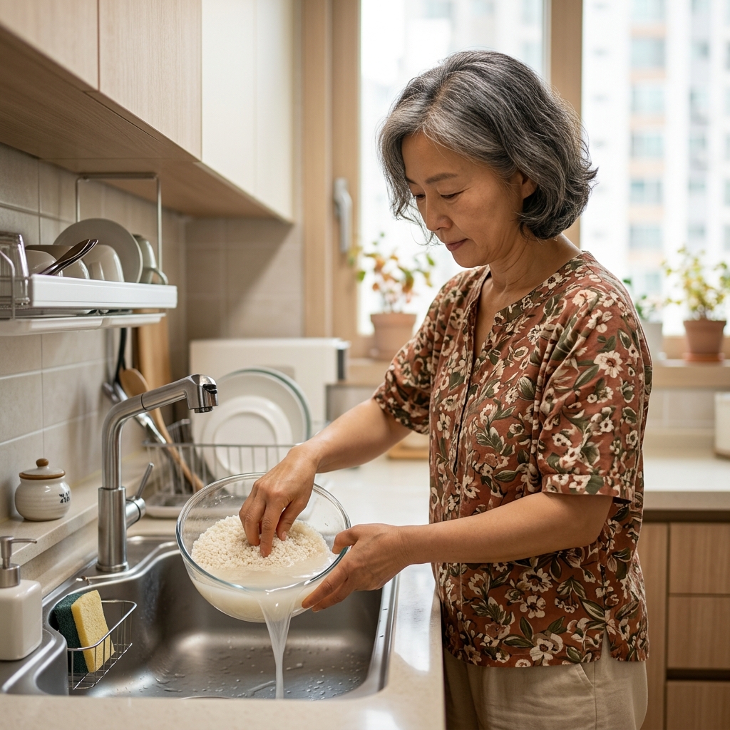 50대 여성이 주방 싱크대에서 투명한 볼에 담긴 쌀을 가볍게 헹구며 첫물을 따라내는 모습, 반팔 블라우스 차림