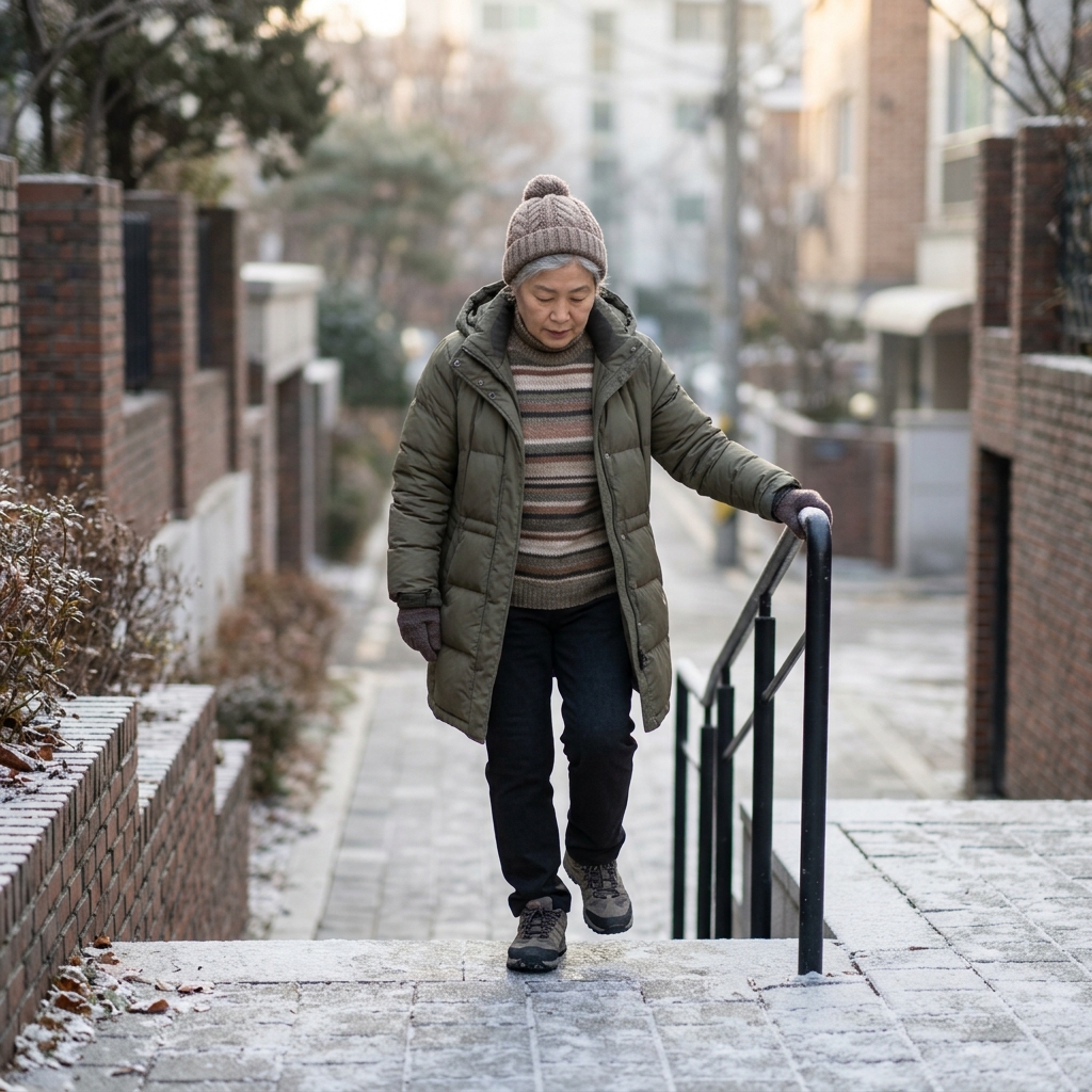 70대 여성이 장갑을 낀 손으로 난간을 잡고 계단을 천천히 내려오는 모습, 주변 보도가 서리로 하얗게 얼어 있는 이른 아침
