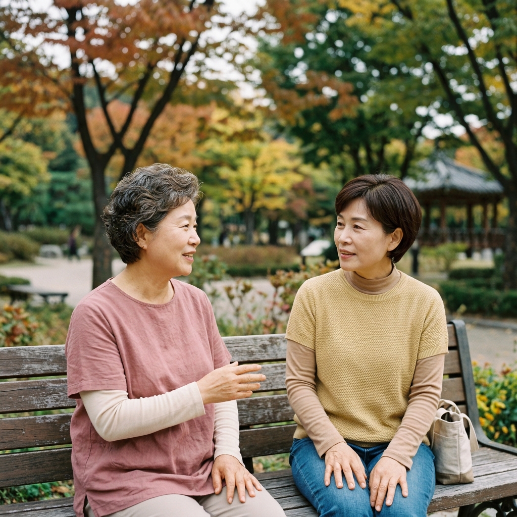 은평구 공원 벤치에 앉아 대화 나누는 60대 여성 두 명, 가벼운 반팔 차림