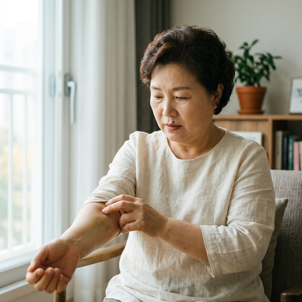 팔 안쪽을 가볍게 누르며 멍 자국을 확인하는 65세 남성