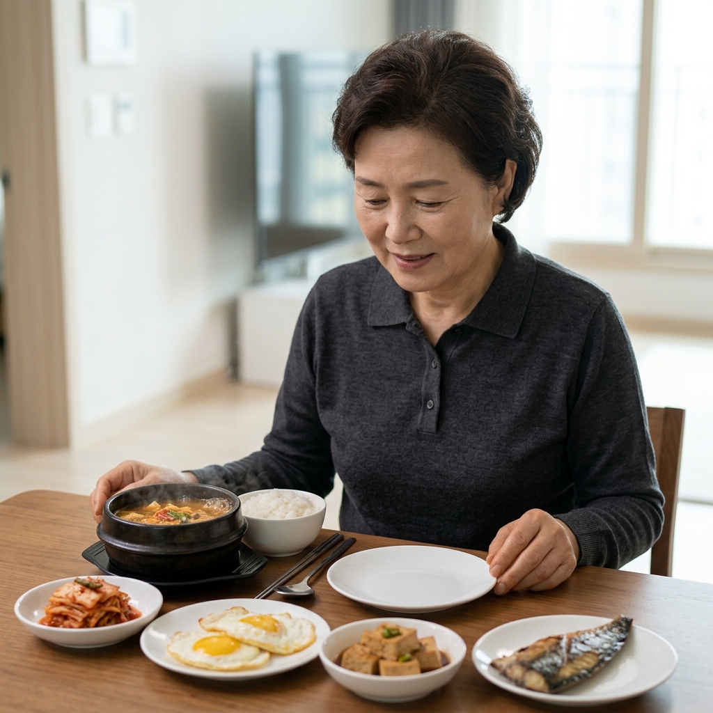 식탁 위에 놓인 찌개, 밥, 김치 옆에 접시 하나가 비어 있고, 그 옆에 달걀, 두부, 생선구이가 따로 준비된 모습