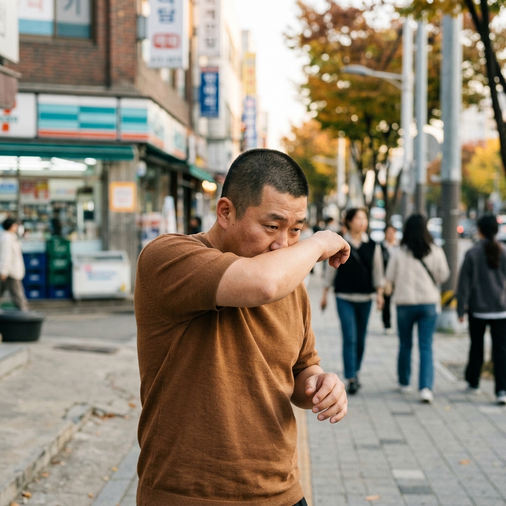 팔꿈치로 입을 가리고 기침하는 사람의 모습