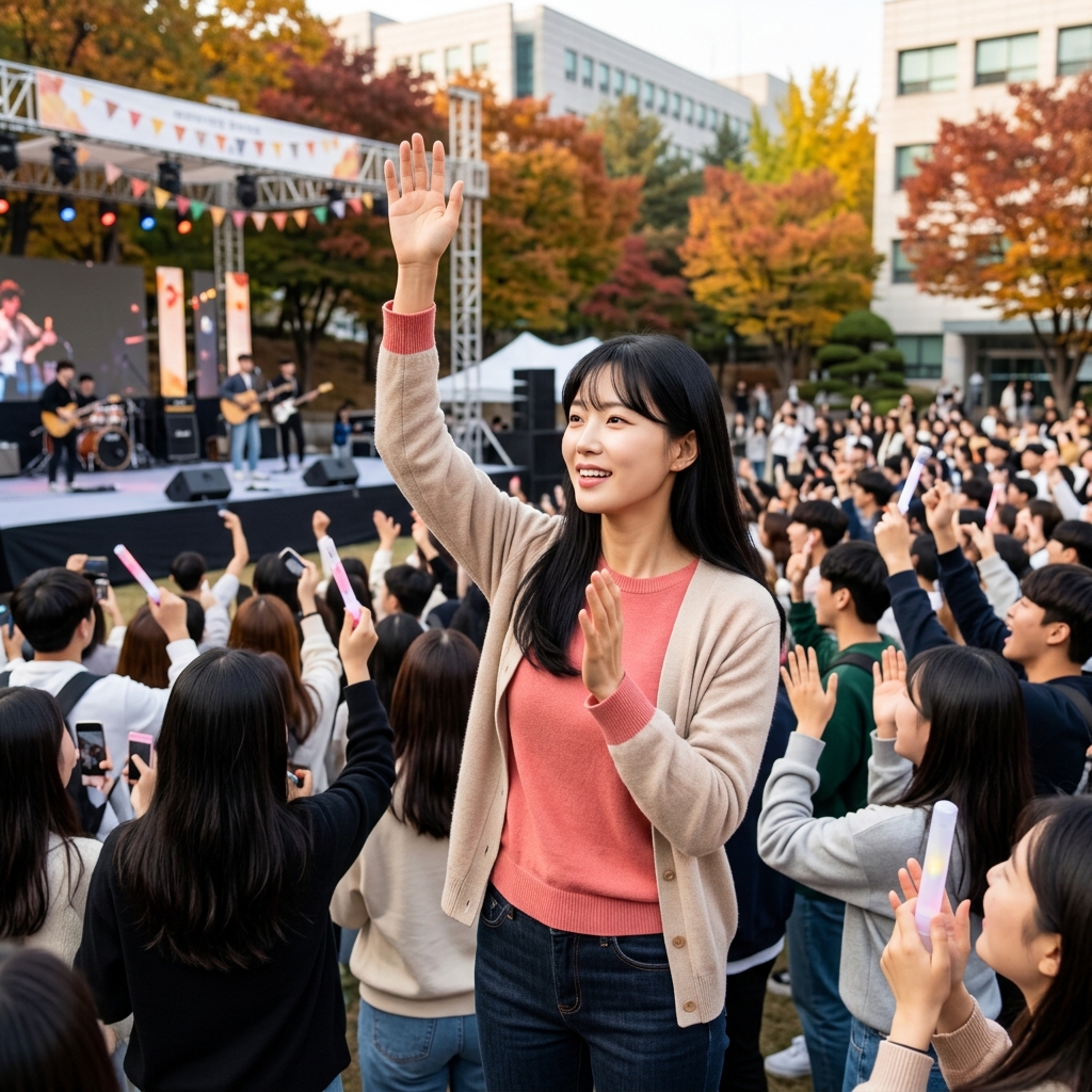 대학 캠퍼스 야외 무대에서 공연이 열리고 학생들이 환호하는 가을 축제 장면