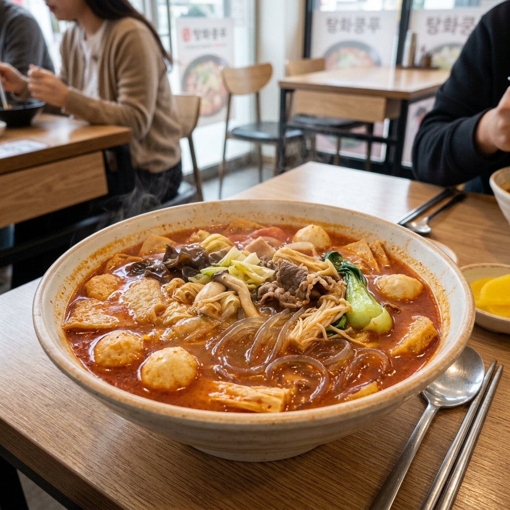 탕화쿵푸 토마토마라탕 그릇에 담긴 새콤한 국물과 재료