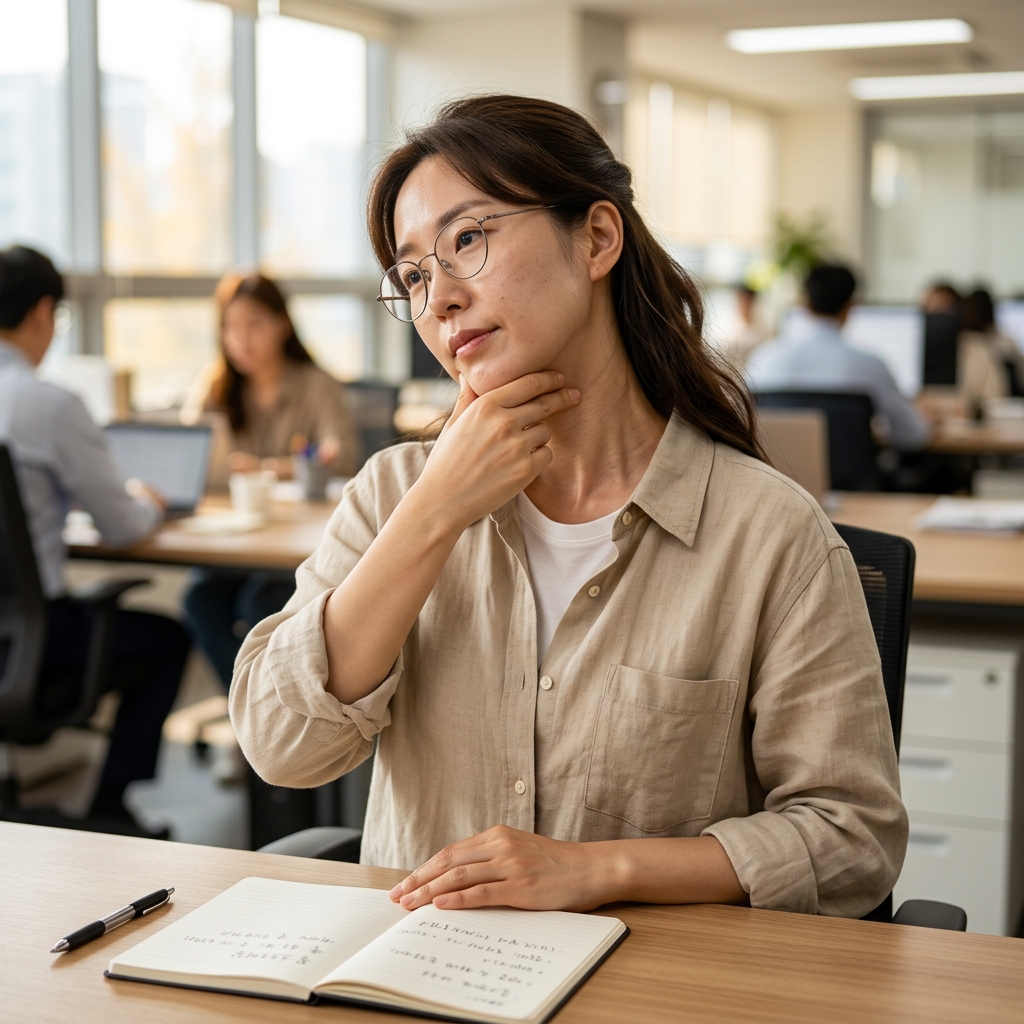 책상 위에 놓인 노트와 펜 옆에서 턱을 수평으로 당기는 동작을 보여주는 손 위치와 목 각도 변화, 실내 사무실 조명 아래