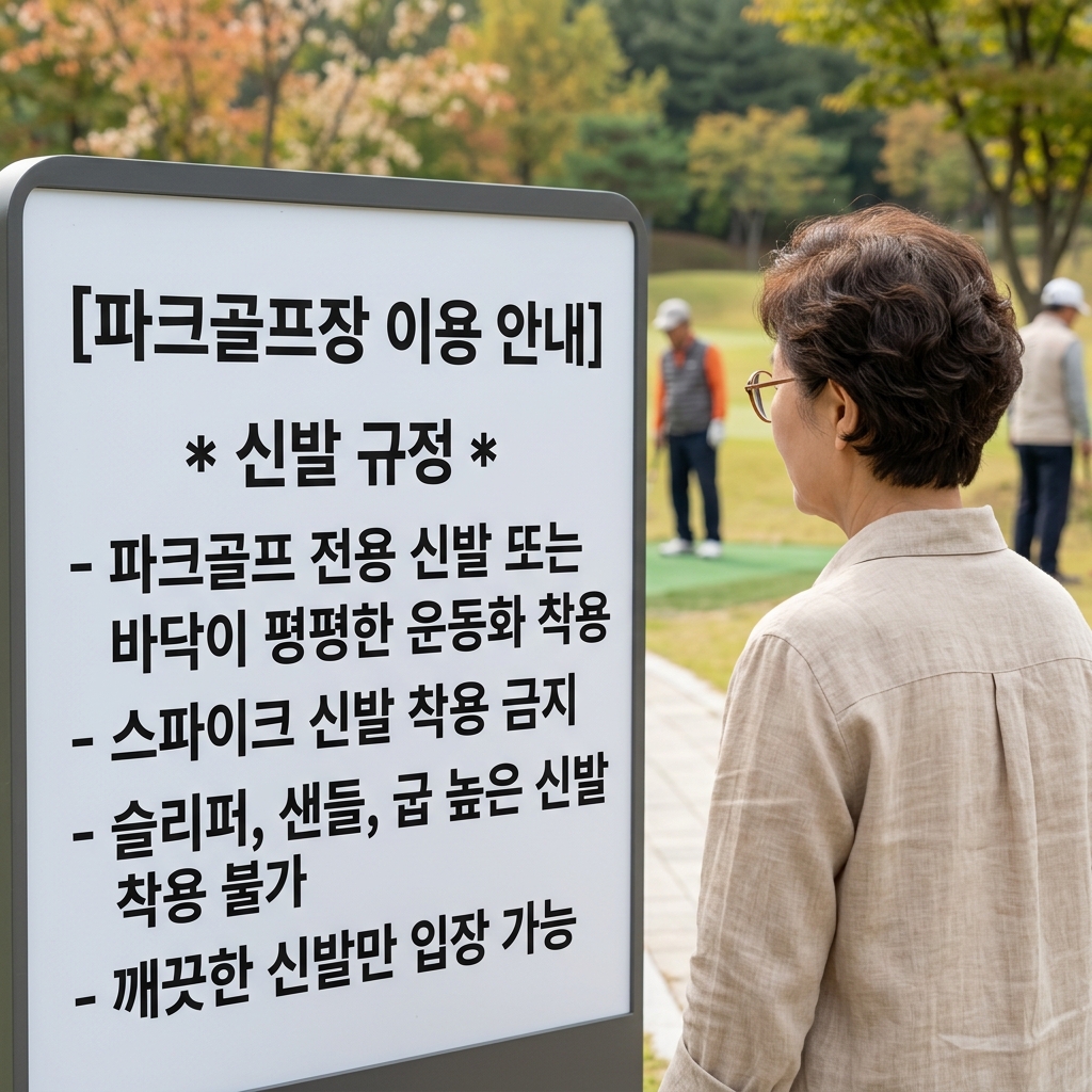 파크골프장 입구 안내판에 신발 규정이 적힌 모습