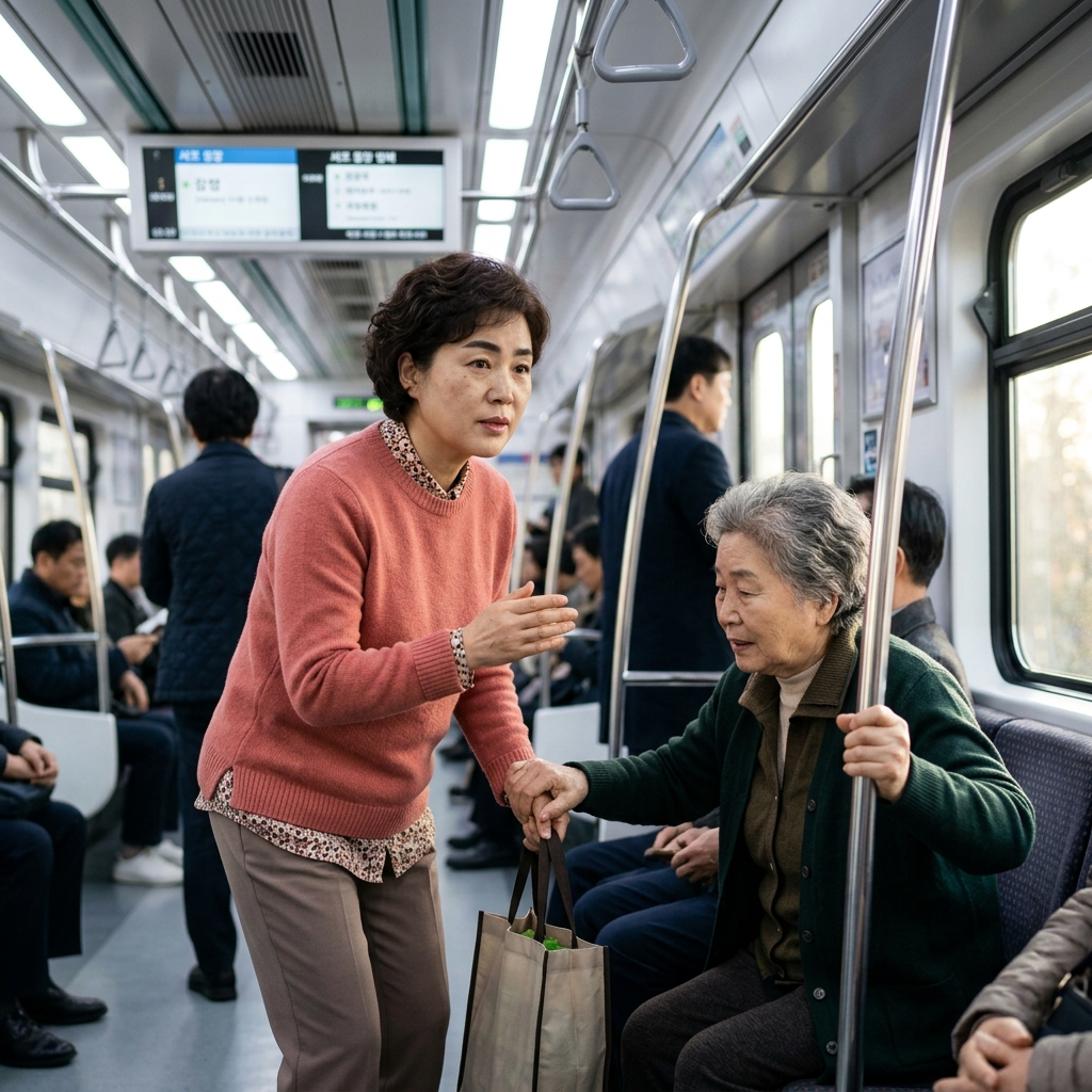 지하철 안에서 노약자에게 자리를 양보하는 모습