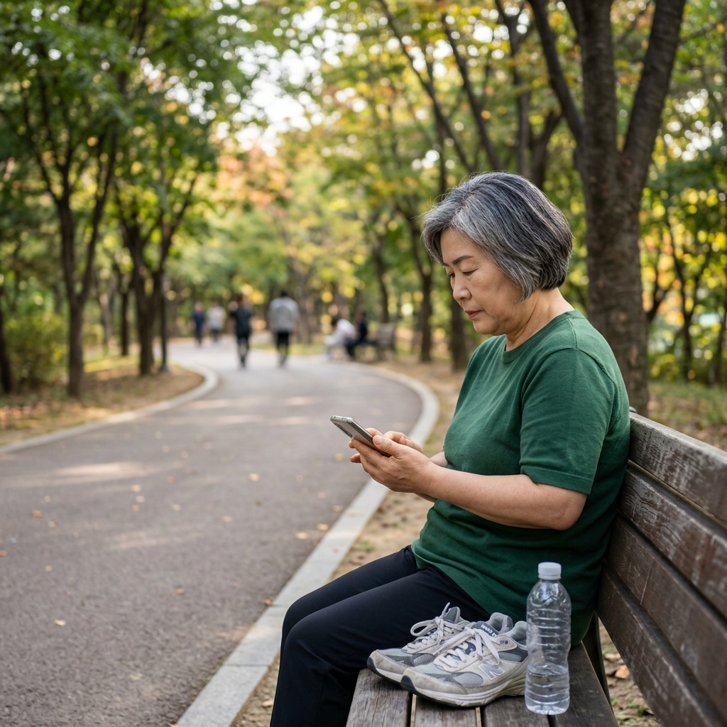 60대 후반 여성이 공원 벤치에 앉아 스마트폰을 보고 있고, 옆에 운동화와 물병이 놓여 있는 장면, 배경에 가벼운 산책로와 나무들