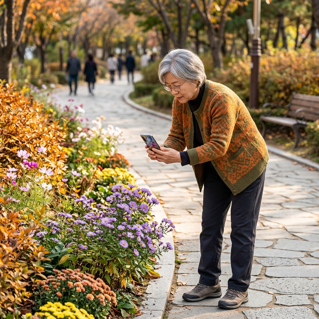 따뜻한 햇살 아래 산책로에서 스마트폰으로 꽃 사진을 찍고 있는 60대 여성의 모습