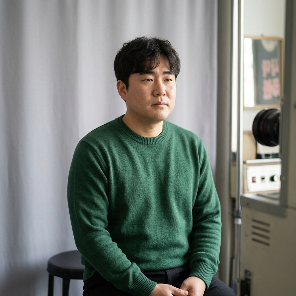 둥근 네크라인 상의를 입고 증명사진을 촬영 중인 40대 남성
