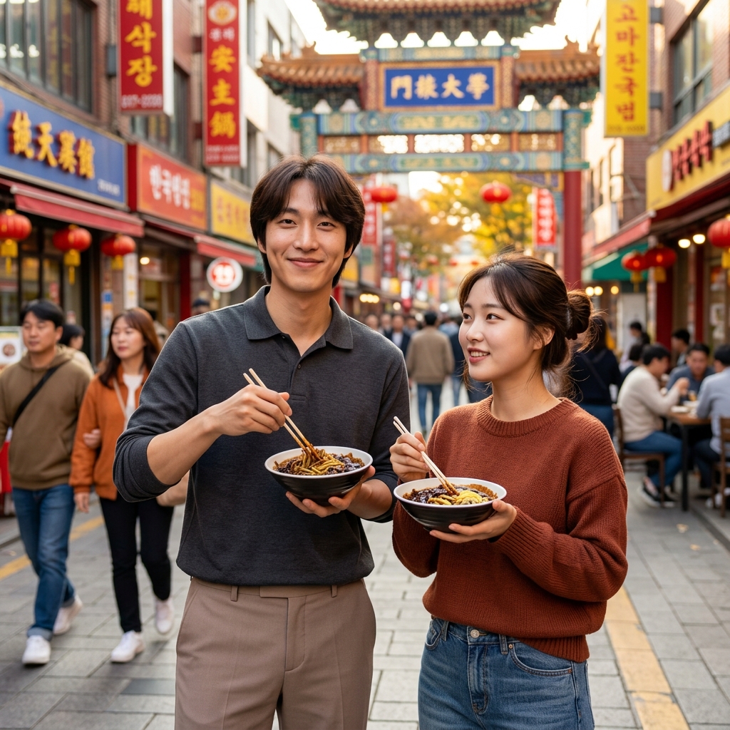 차이나타운 거리에서 짜장면 그릇을 들고 있는 사람들