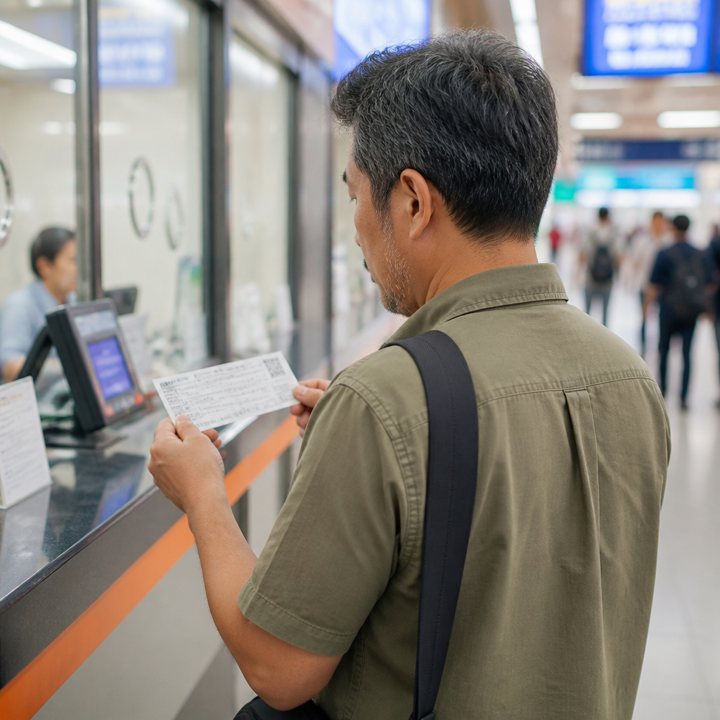 고속버스 터미널에서 승차권을 확인하는 승객의 모습