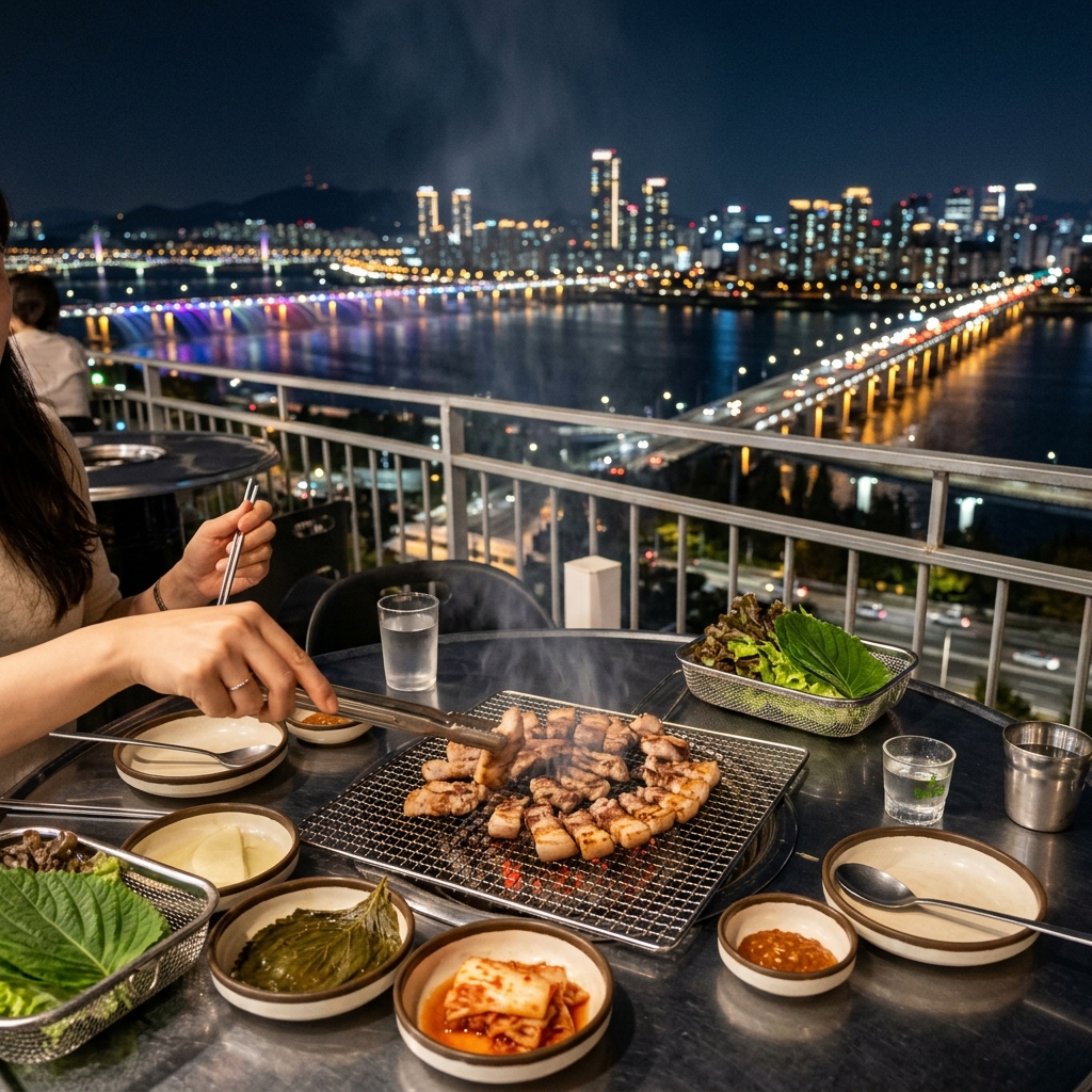 숯불에 구워지는 삼겹살과 한강 야경이 보이는 테이블