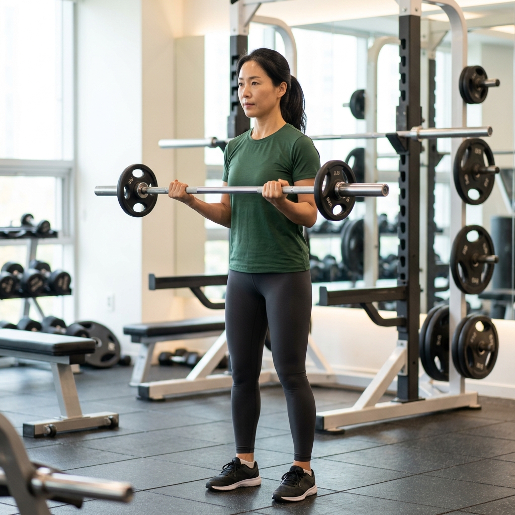 헬스장에서 바벨 컬 동작을 수행하는 40대 여성과 배경의 스쿼트 랙