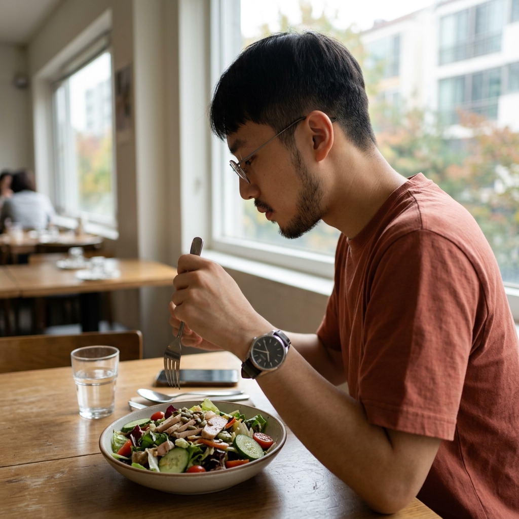 테이블 위에 샐러드 접시와 물컵이 놓여 있고, 그 옆에 손목시계가 보이는 장면, 창밖으로 연한 봄빛이 들어오는 실내