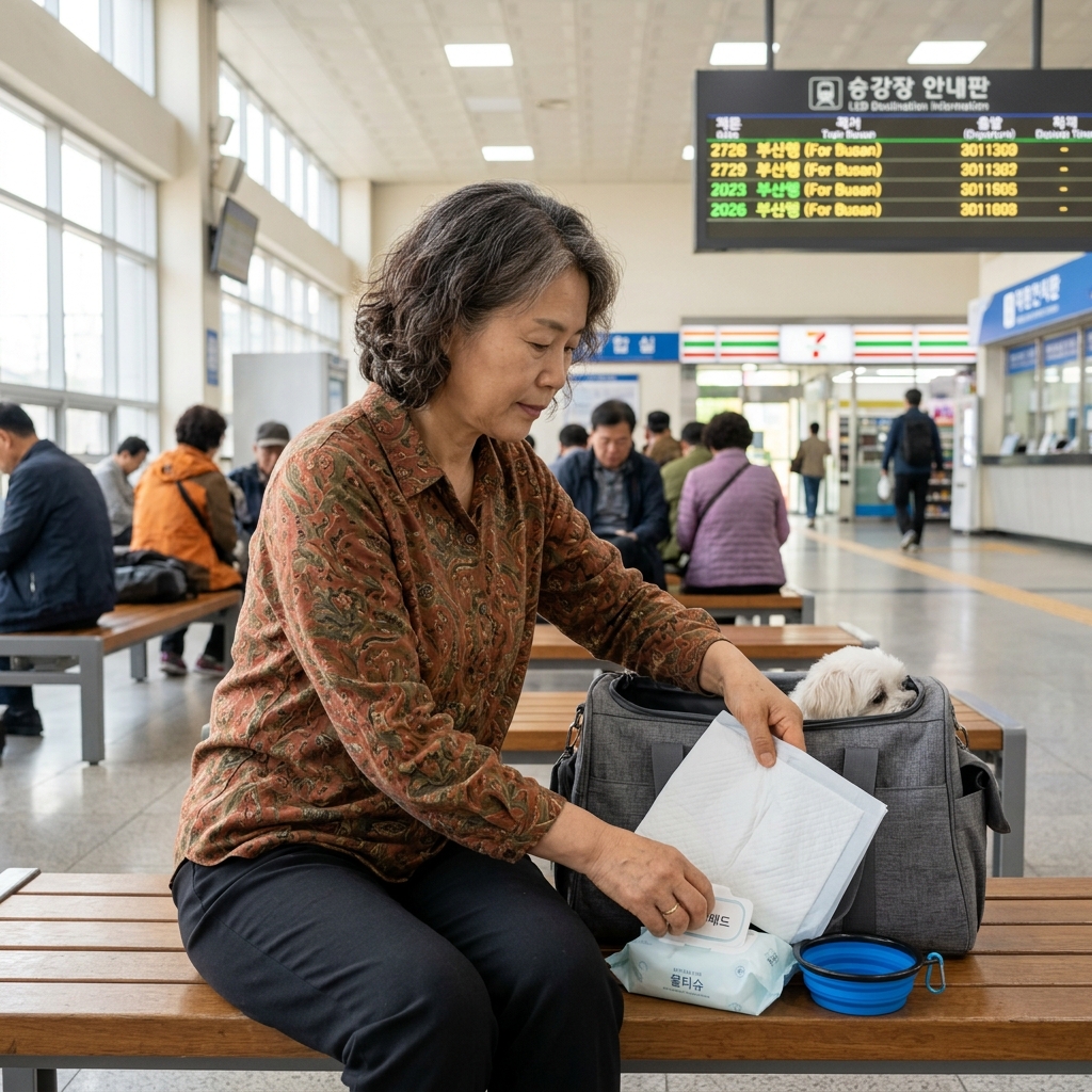 50대 후반 여성이 역 대합실 벤치에 앉아 작은 강아지 이동가방 옆에 배변패드와 물티슈, 휴대용 물그릇을 꺼내 정리하는 모습, 배경에 승강장 안내판, 긴소매 블라우스