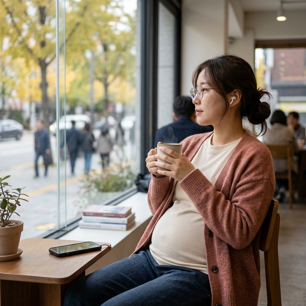 창가에 앉아 따뜻한 음료를 손에 들고 편안하게 음악을 듣는 임신 중기 여성