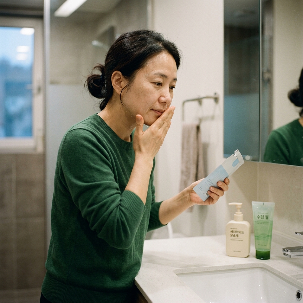 세면대 앞에서 미지근한 물로 얼굴을 부드럽게 씻고, 냉장 보관한 쿨링 시트 마스크를 손에 든 채 준비하는 40대 성인의 모습. 옆에는 세라마이드 보습제와 수딩 젤이 놓여 있고, 차분한 조명 아래 야간 케어를 준비하는 장면