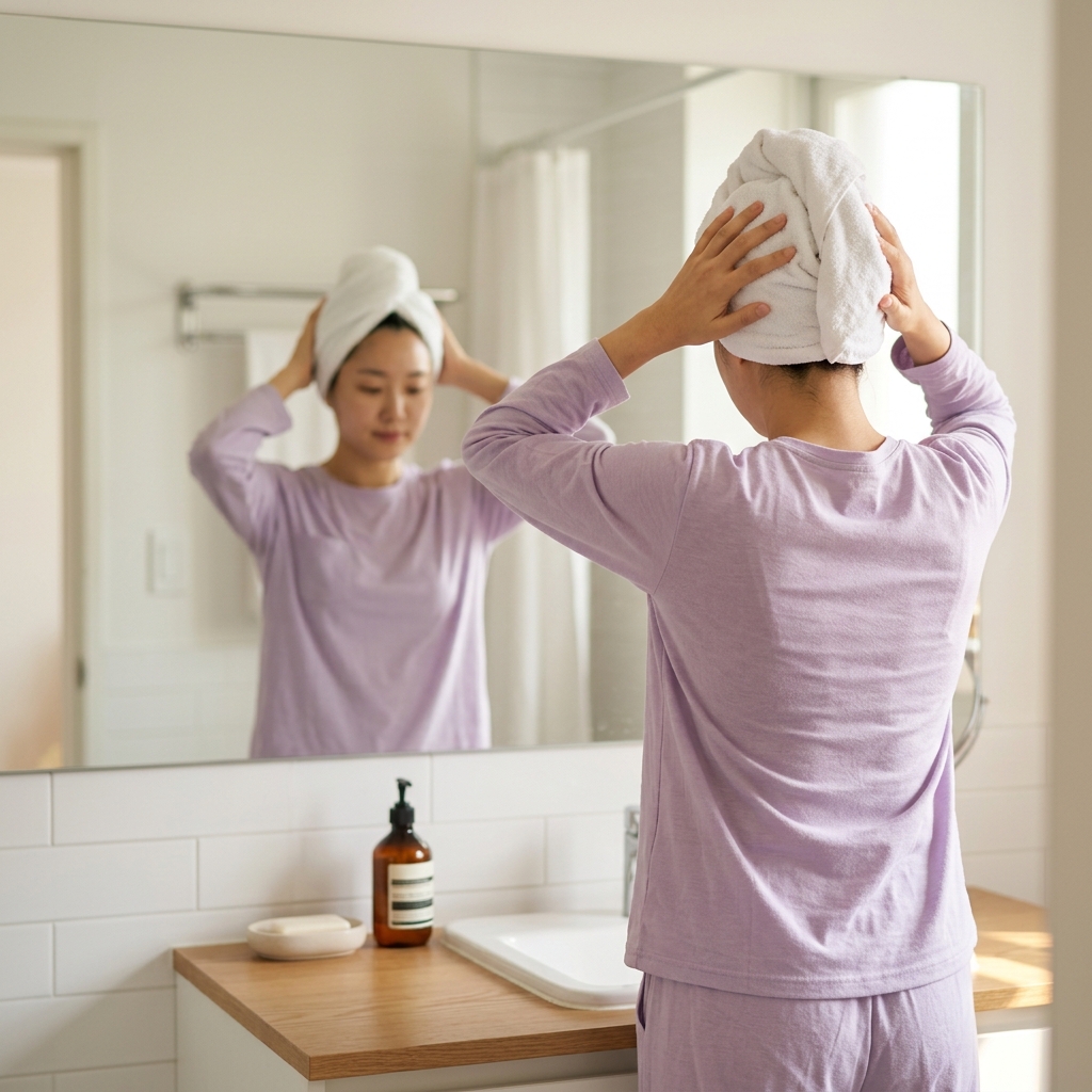 욕실 거울 앞에서 수건으로 머리를 감싸고 물기를 누르는 20대 여성의 뒷모습, 긴소매 파자마 차림