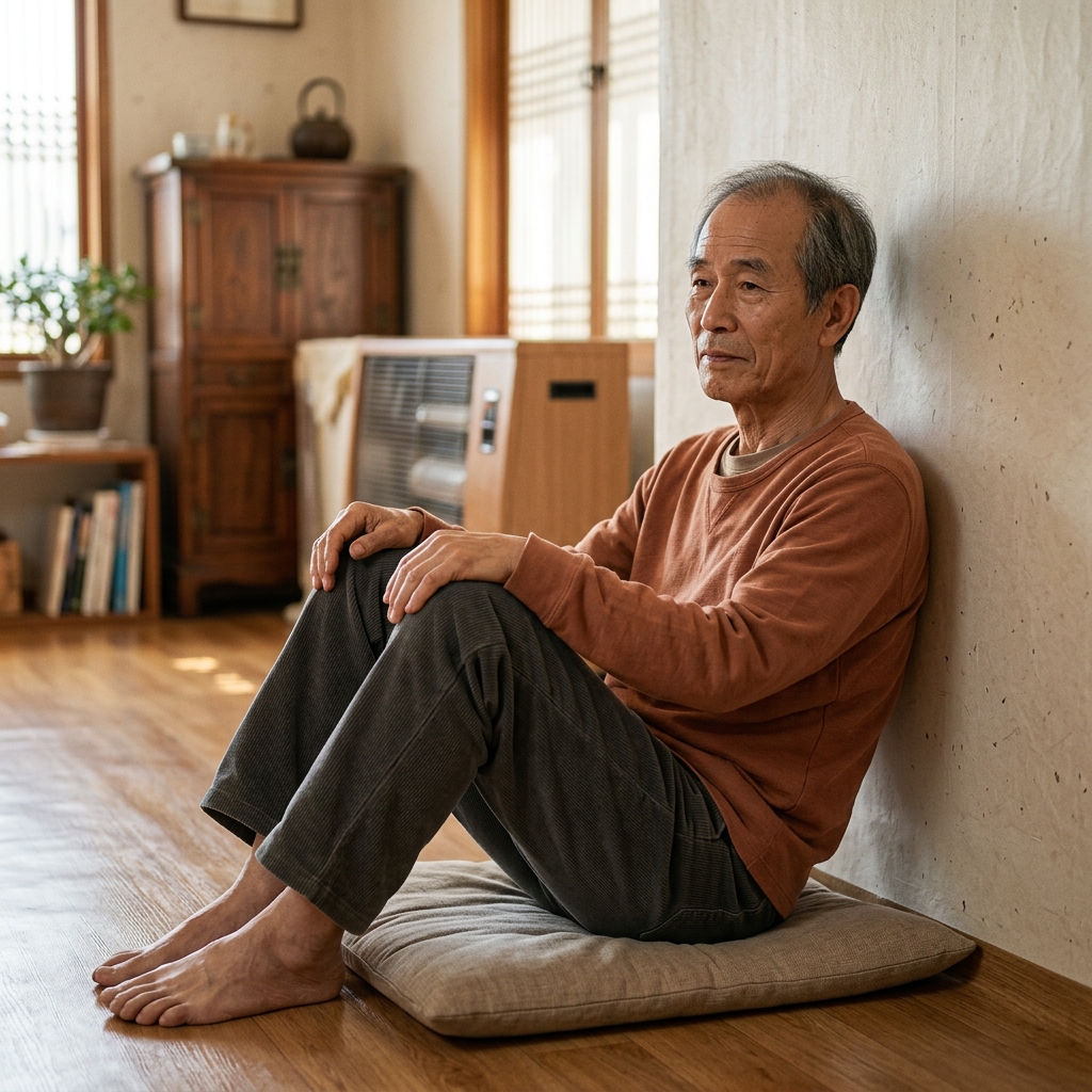 70대 남성이 바닥에 방석을 깔고 벽에 등을 기댄 채 무릎을 가볍게 세운 자세로 앉아 있는 장면
