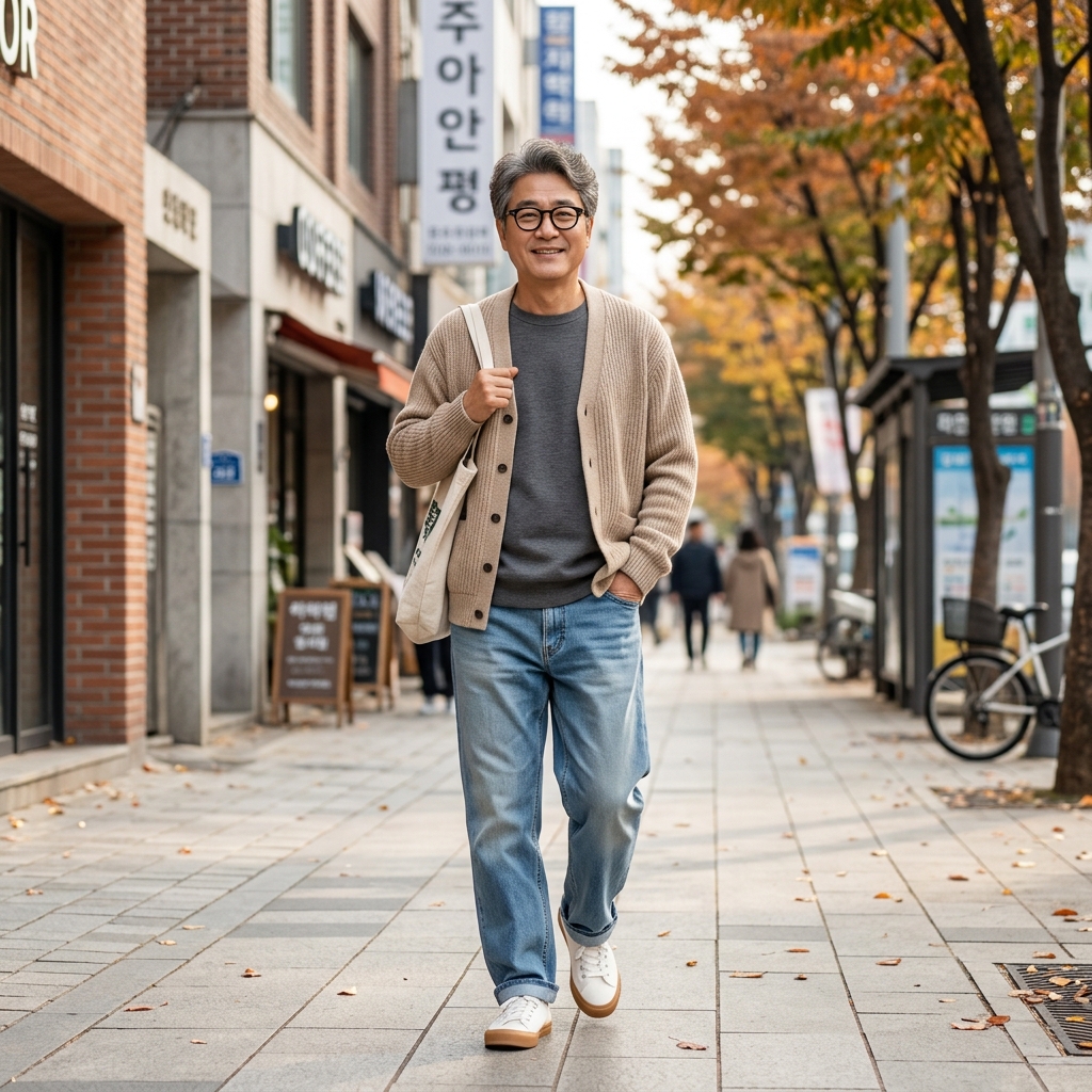 연청 데님 팬츠와 베이지 카디건을 입고 거리를 걷는 60대 남성, 편안한 실루엣과 밝은 신발이 조화를 이루는 장면