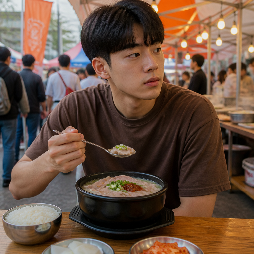 부산 돼지국밥을 담은 뚝배기와 축제 현장 분위기