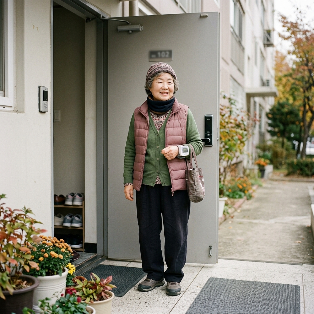 현관문 앞에서 얇은 옷을 여러 겹 입고 모자와 목토시를 착용한 70대 여성, 손목에 혈압계를 차고 있다