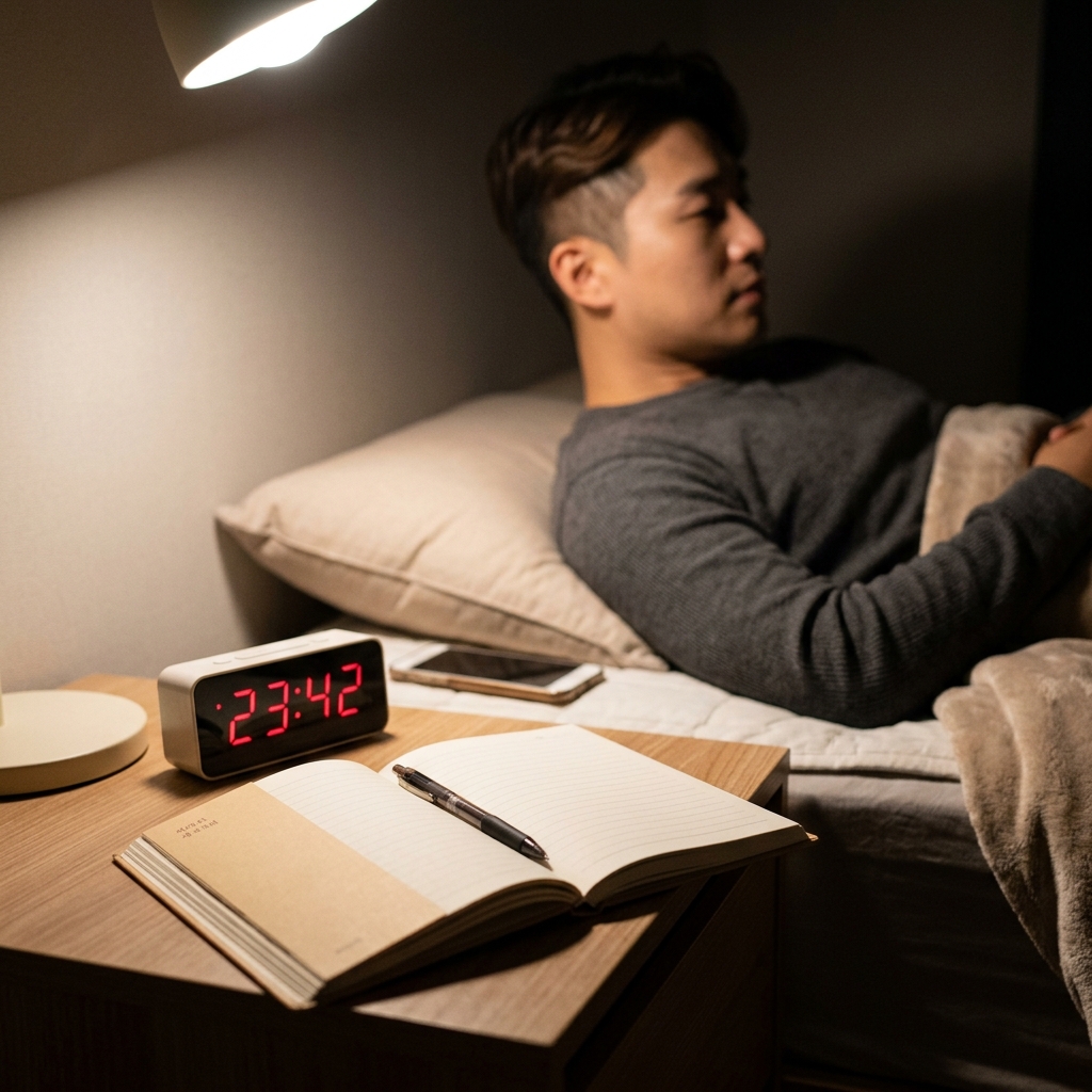 침대 머리맡 협탁 위에 놓인 노트와 펜, 그 옆에 디지털 시계가 23시 42분을 가리키고 있는 야간 실내 장면
