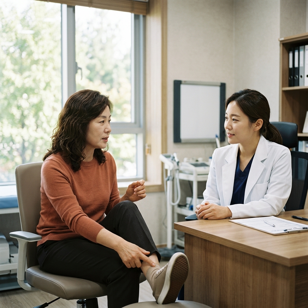 50대 여성이 실내 병원 진료실에서 의료진과 마주 앉아 발등을 가리키며 설명하는 모습, 긴소매 셔츠 착용, 창밖 배경은 연한 초록빛