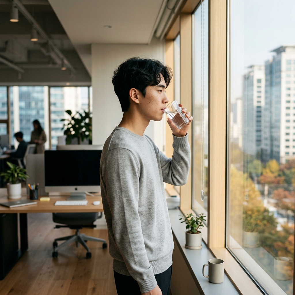 사무실 창가에 서서 먼 곳을 바라보며 물 한 컵을 마시는 직장인