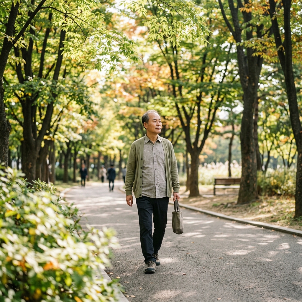 60대 초반 남성이 공원 산책로를 가볍게 걷고 있고, 주변 나무에는 연두색 잎이 달려 있으며 햇빛이 부드럽게 비친다