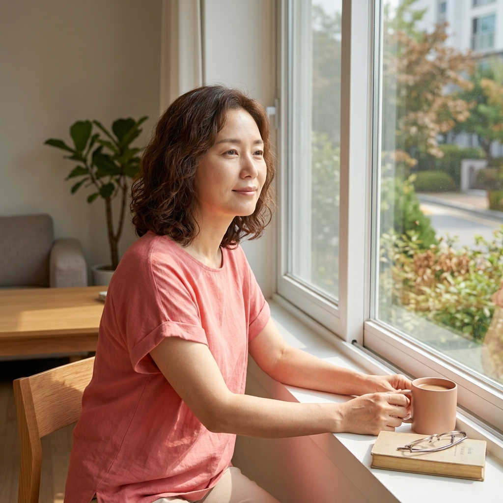 창가에 앉아 팔을 걷어붙이고 햇빛을 쬐는 50대 여성, 얇은 반팔 셔츠 착용