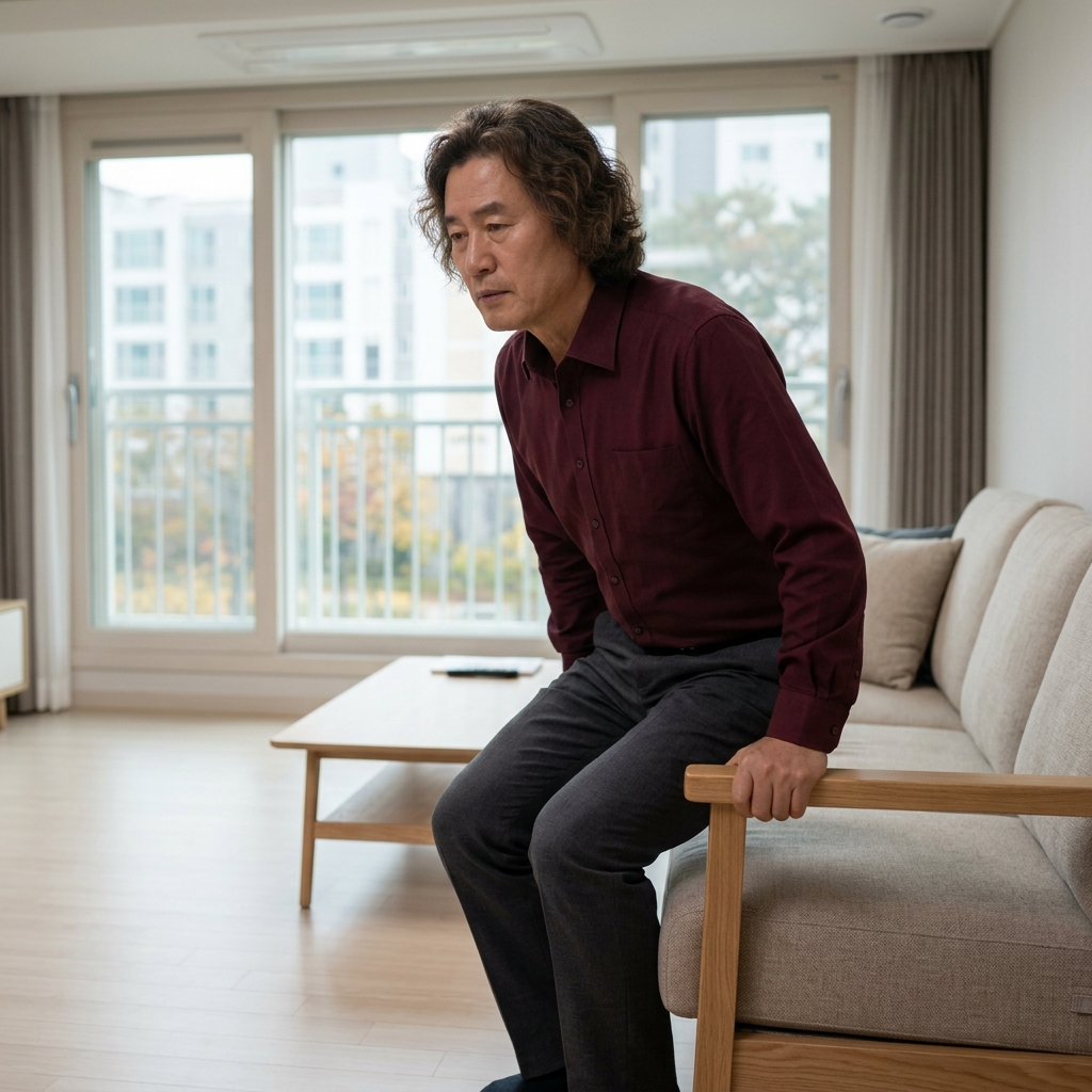 거실 소파 팔걸이를 두 손으로 잡고 천천히 앉았다 일어서는 동작을 하는 65세 남성, 무릎이 발끝보다 앞으로 나가지 않게 자세를 유지하며 배경에는 평평한 실내 바닥과 창문 너머 낮은 아파트 단지