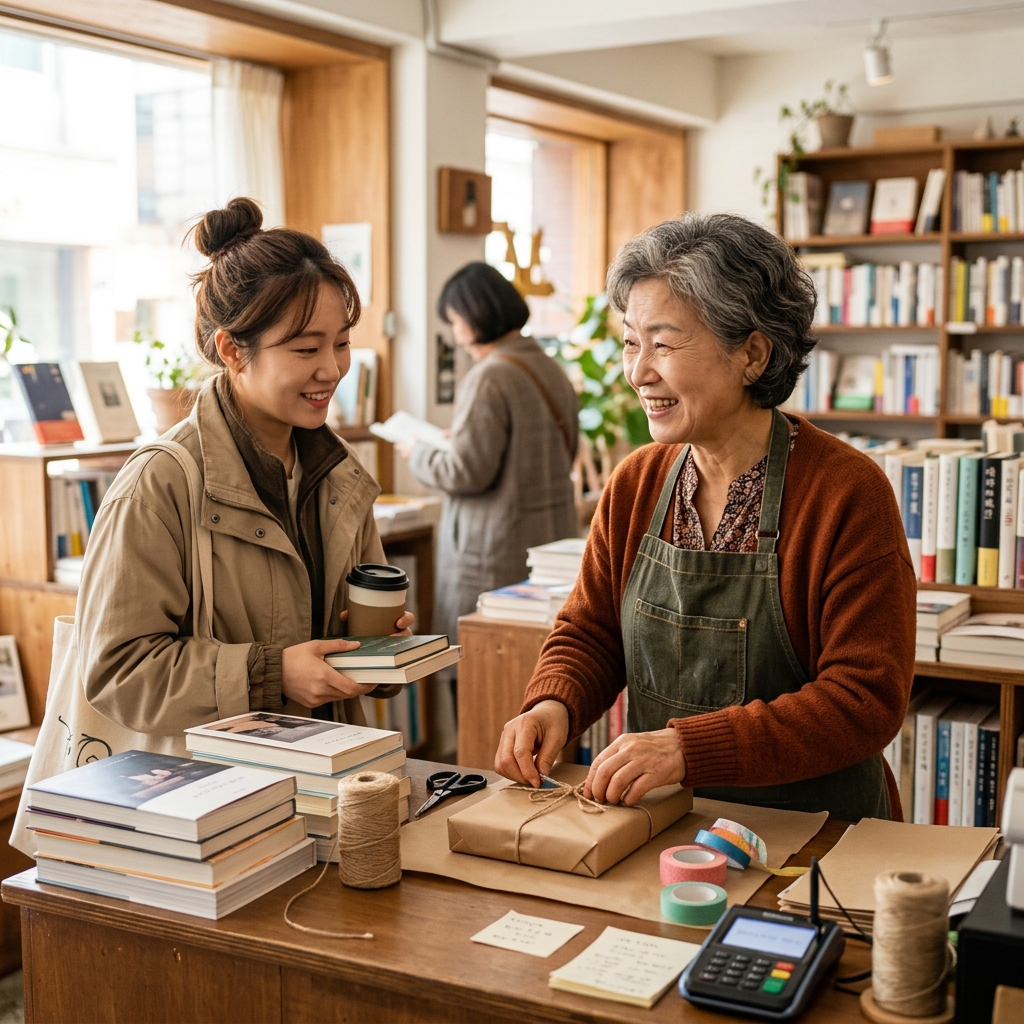 작은 서점 계산대 앞에서 손님과 미소 지으며 대화하는 70대 초반 여성, 앞치마를 입고 책을 포장하고 있는 모습