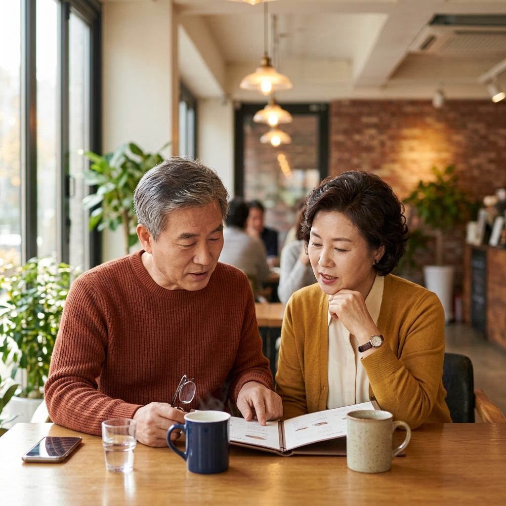 카페 창가 테이블에서 60대 남녀가 메뉴를 함께 보며 대화하는 장면, 밝은 실내 조명과 테이블 위 커피잔