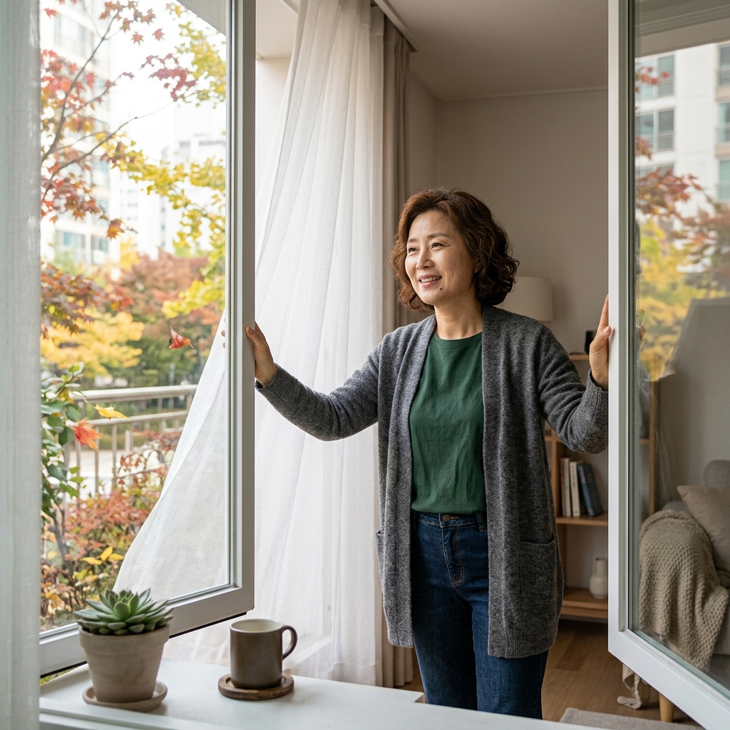 거실 창가에서 창문을 열어 환기하는 50대 성인, 가벼운 카디건 차림, 창밖으로 가을 나뭇잎
