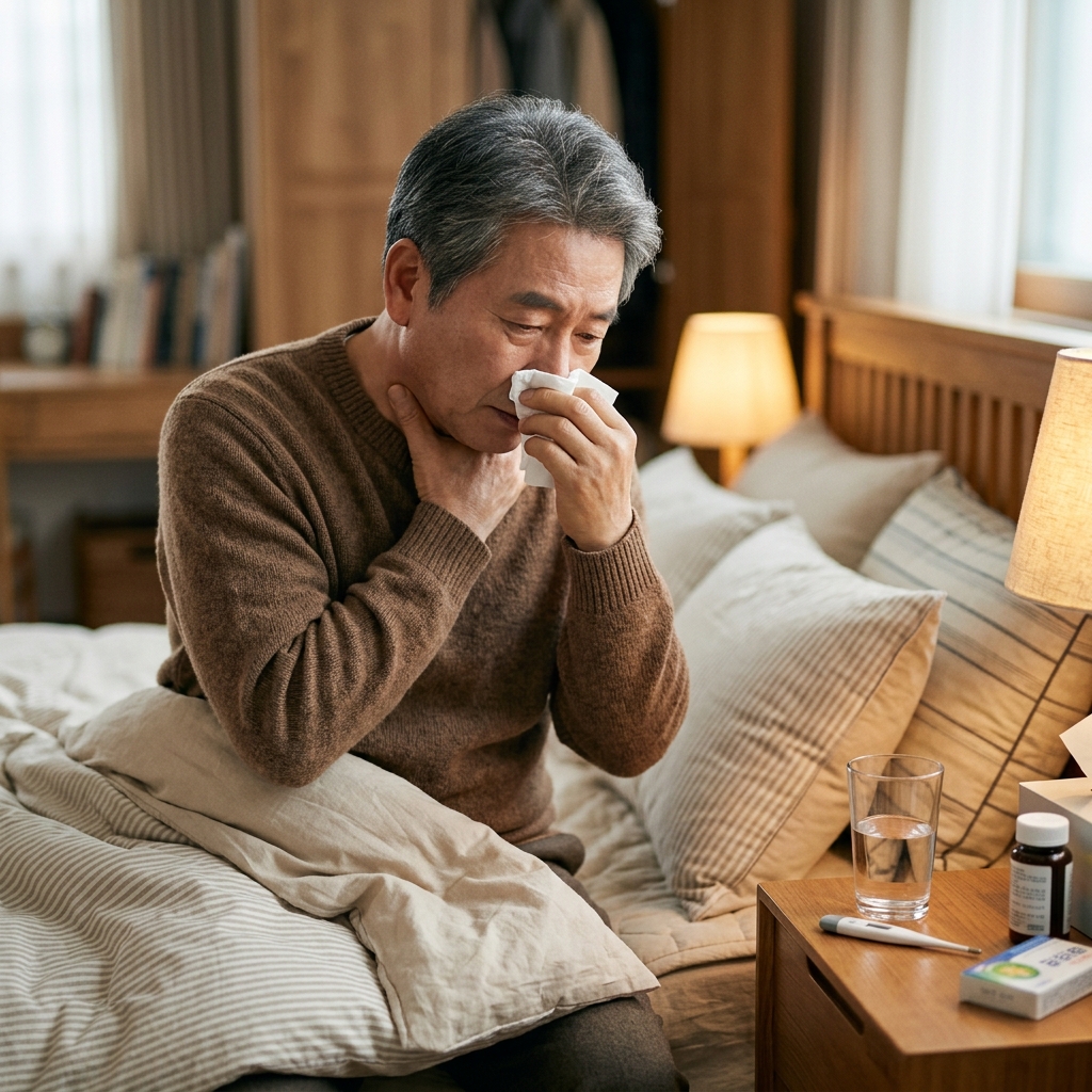 60대 남성이 침대 머리맡에 앉아 한 손으로 목을 감싸고 다른 손으로 티슈로 코를 닦는 모습, 침대 옆 탁자에 물컵과 체온계가 놓여 있고 실내는 따뜻한 조명