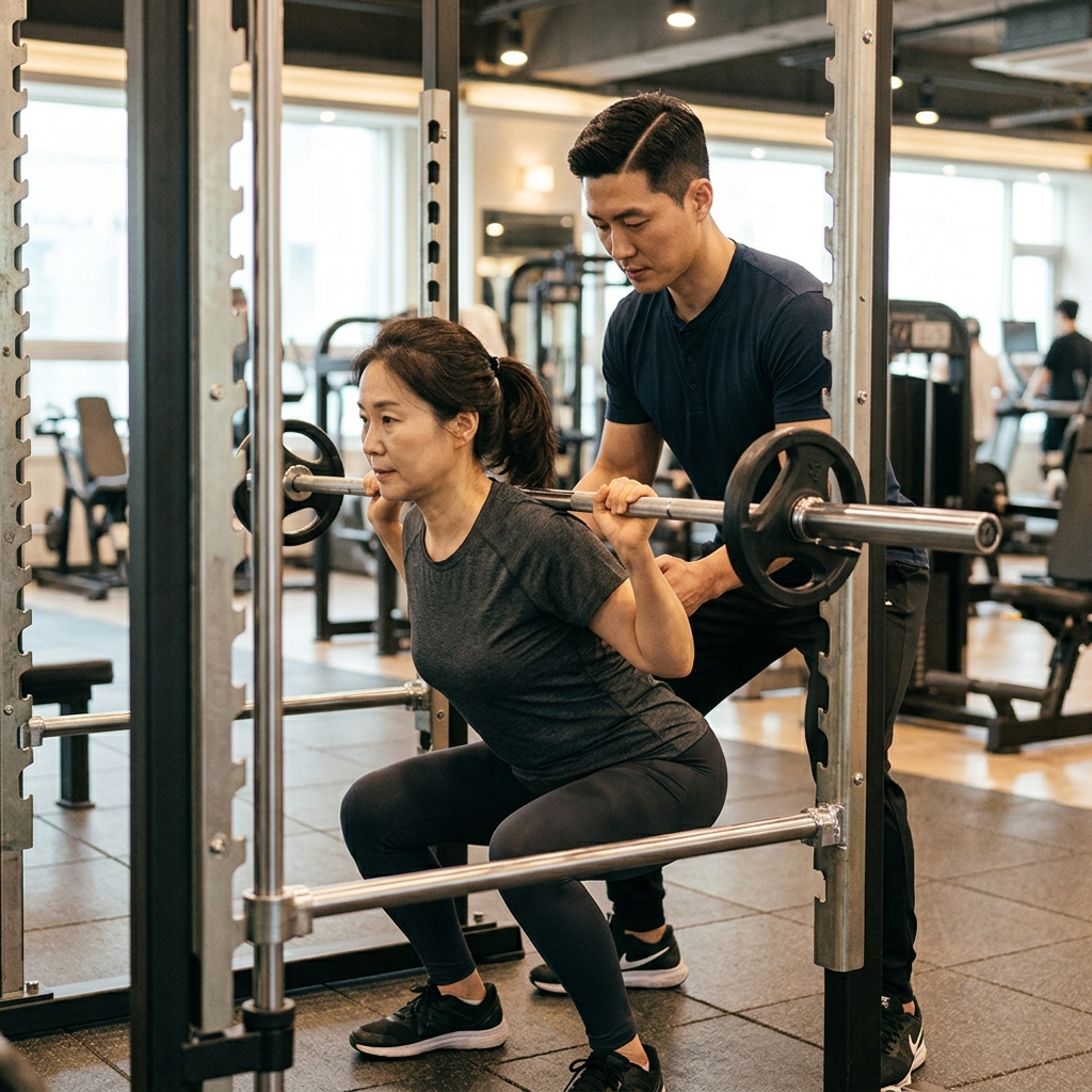 헬스장에서 바벨 스쿼트를 하는 중년 여성, 트레이너가 자세를 보조하며 지켜보는 장면, 평평한 바닥과 안전 바
