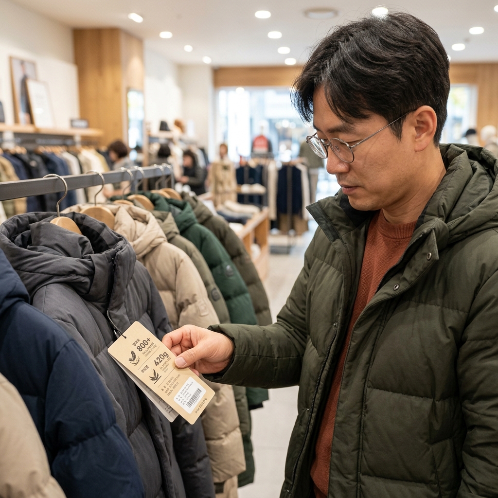 매장 진열대에 걸린 롱패딩 여러 벌과 제품 택에 표시된 필파워&middot;우모량 라벨을 확대해 보는 손 클로즈업, 실내 조명 아래