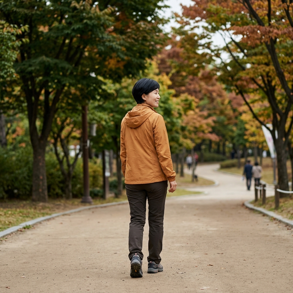 공원 산책로를 가볍게 걷고 있는 40대 후반 여성, 소매가 긴 바람막이 착용