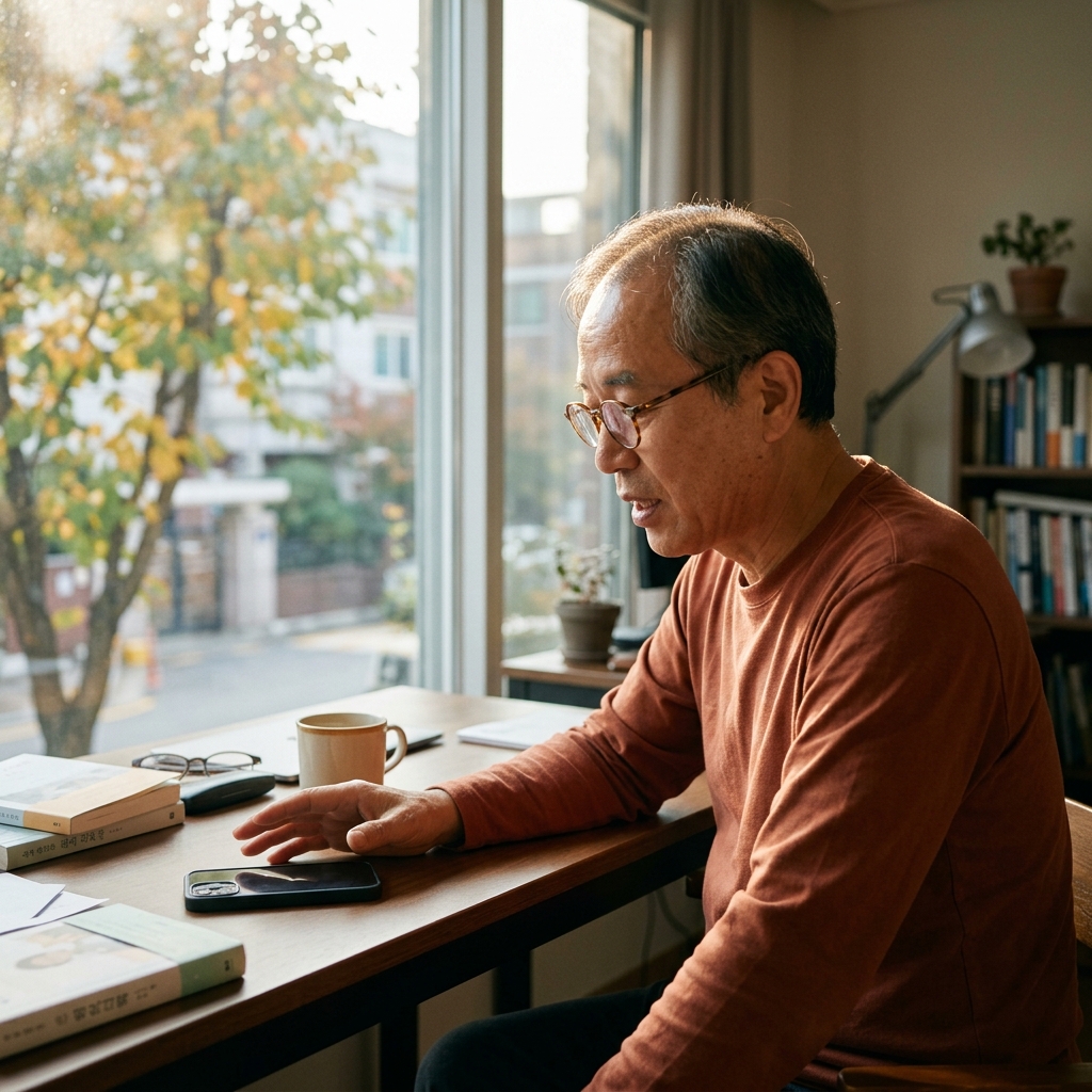 70대 초반 남성이 책상 앞에서 아이폰을 테이블에 내려놓고 "시리야"라고 부르는 모습, 창가 너머로 오후 햇살이 비친다