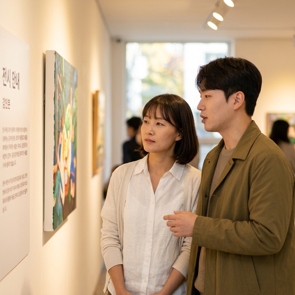 실내 전시 공간에서 작품을 함께 보며 대화하는 20대 후반 남녀, 따뜻한 조명 아래 작품 설명 패널