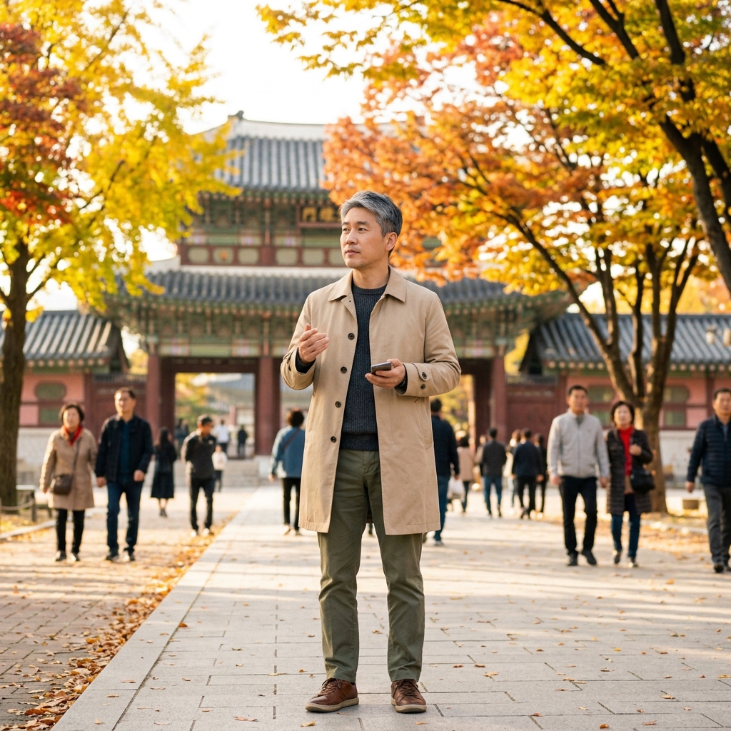경복궁 앞에서 트렌치코트를 입은 40대 남성이 가을 단풍 배경으로 서 있는 모습, 오후 3시경 밝은 햇살